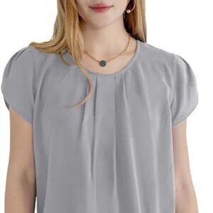 Amazon Gray Flutter Sleeve Satiny Blouse with Pleated Neckline Size Large